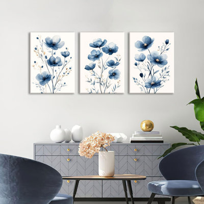Navy Blue Wildflower Framed Canvas Wall Art Set Of 3 Flowers Pictures Prints Flowers Printing Floral Watercolors Flower Wall Decor Living Room Bedroom Dinning Room Farmhouse Office-16 X24in