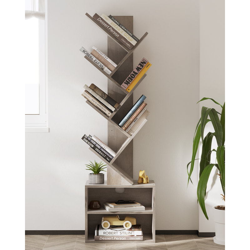 6 Tier Tree Storage Bookcase with Shelves, Light Gray
