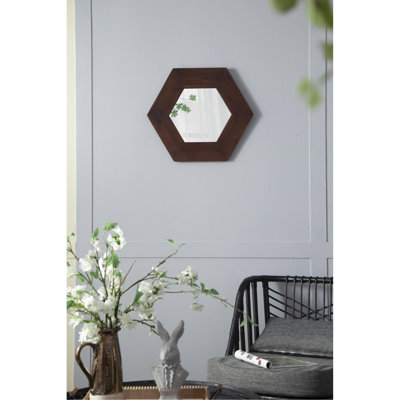 Miroir hexagonal brun foncé avec cadre en bois massif, décor de couloir de salle de bain de salon, bord fin 18,5 po x 18,5 po x 18,5 po, décoration