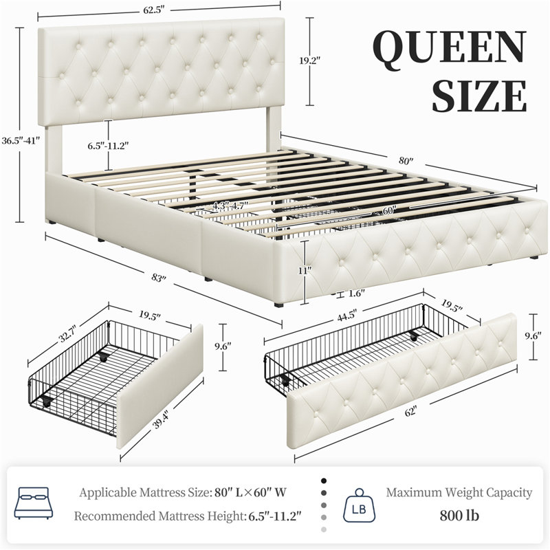 Sorel Vegan Upholstered Platform Bed Frame with Storage and Adjustable Headboard, Queen, Beige
