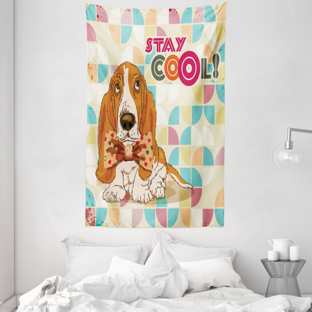 Wandteppich, Basset Hound Dog mit Bogen, Bleib ruhig, Mehrfarbig