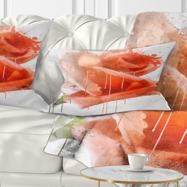 Coussin décoratif à imprimé floral rose rouge avec éclaboussures