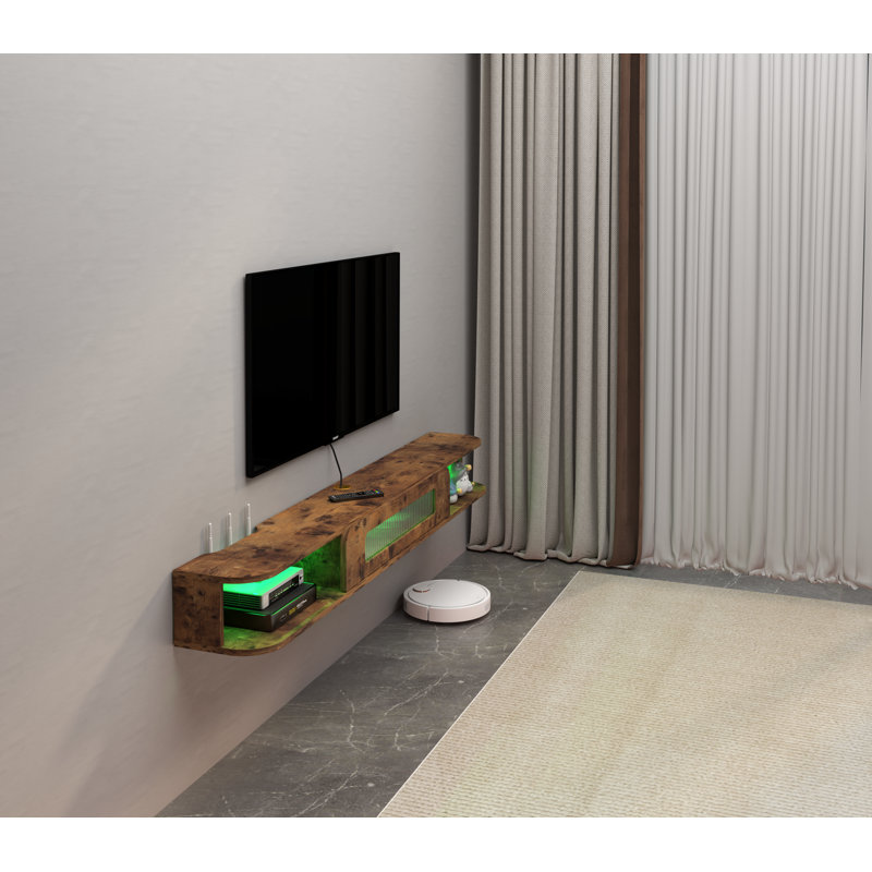 66.9" Slim Floating TV Stand with LED Lights and Glass Door – Rustic Brown Wall Mounted Media Console for Up to 70" TVs