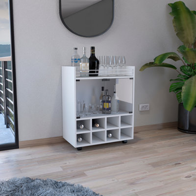 Chariot-bar moderne avec support intégré pour 8 bouteilles, armoire à double porte vitrée et surface supérieure bordée d'aluminium