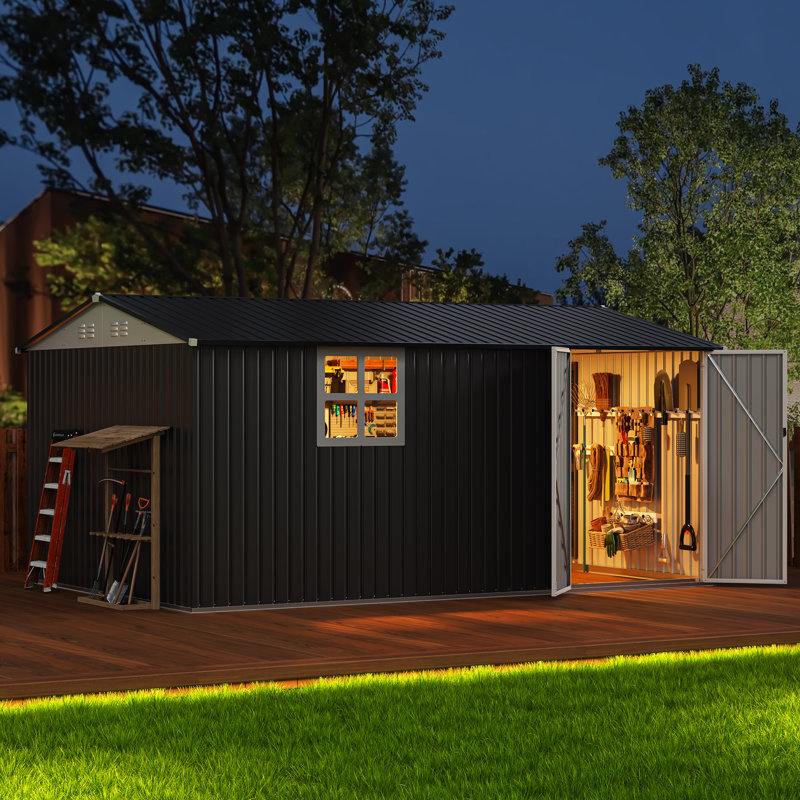 14 Ft. W x 10 Ft. D Outdoor Metal Storage Shed With Windows, Reinforced Steel Frame And Lockable Doors, 14 Ft. W x 10 Ft. D