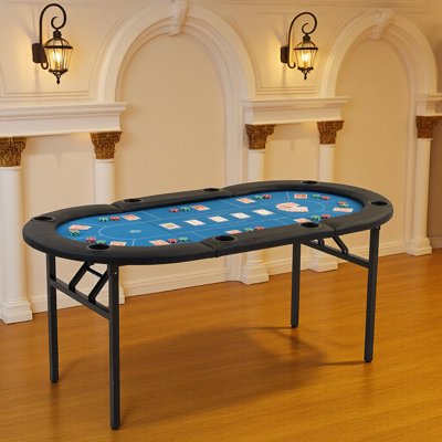 Foldable Poker Table, 8 Player Oval Game Table with Cup Holders & Chip Trays, Portable Casino Table for Texas Holdem, Blackjack, Home Game Nights (Blue)
