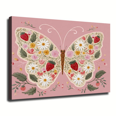 Tableau d'art populaire représentant un papillon rempli de fraises et de fleurs sauvages, grande toile tendue sur châssis pour salon ou chambre.