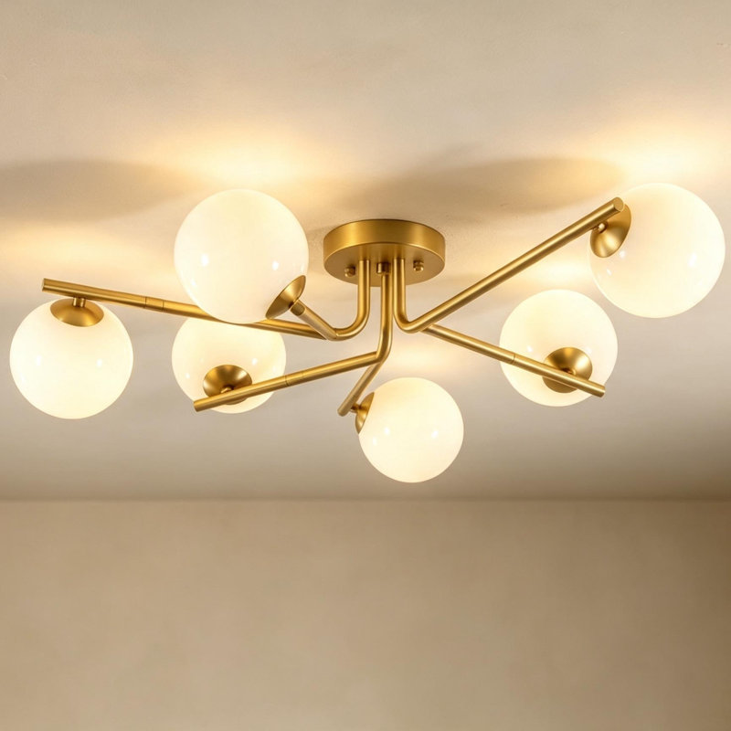 6 - Light Opal Glass Globe Sputnik Semi-Flush Mount Ceiling Light