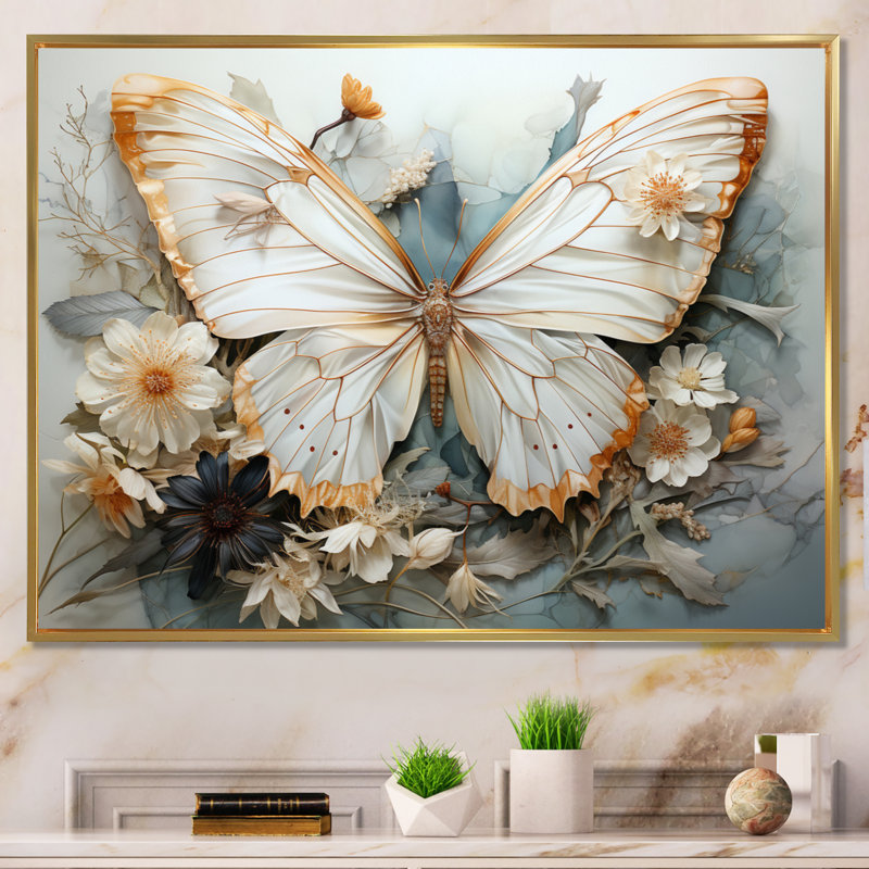 «Bisson White Gray Butterfly», reproduction sur toile encadrée, Reproduction avec cadre flottant, H 12 po x l 20 po, Doré