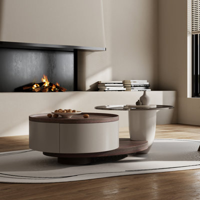 Granniah Modern Wood Round Coffee Table with Drawer and Shelf, Minimalist Contemporary Style Living Room Centre Table for Living Room