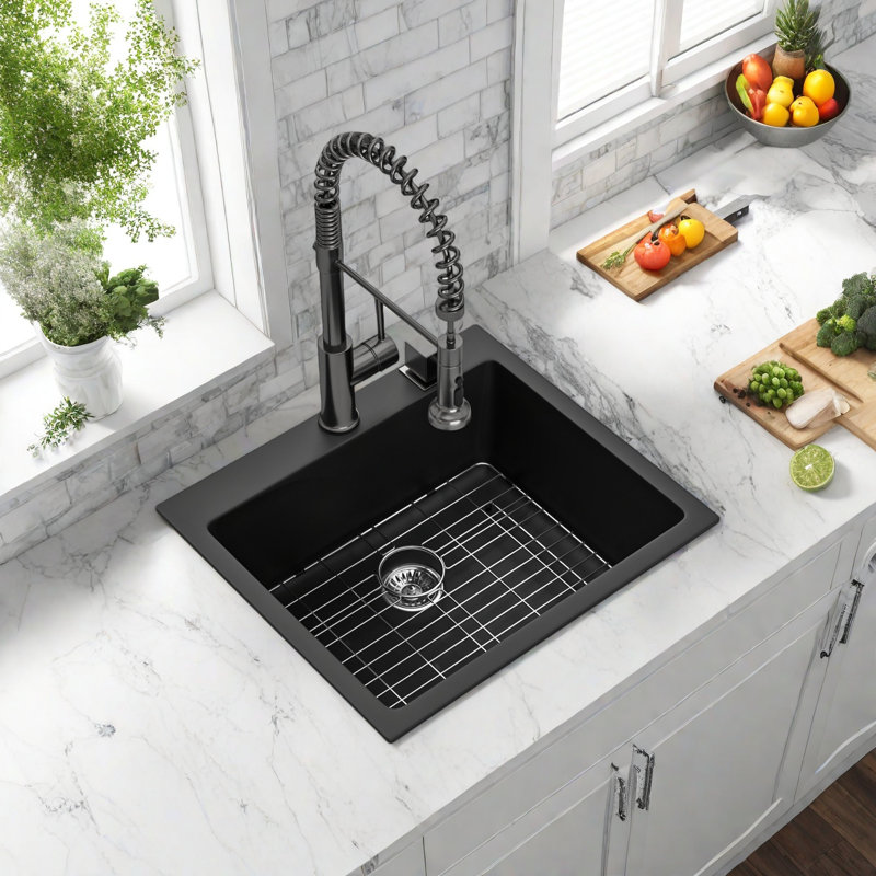 25 Inch Black Quartz Kitchen Sink, Drop-in Topmount Single Bowl Granite Composite Sink with Roll-Up Drying Rack, Basket Strainer & Bottom Grid, 9.65" Deep, Rear Drain Design