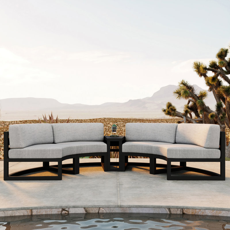 Avion Outdoor Curved Patio Sectional with Sunbrella Cushions, Cast Silver Sunbrella®, Black