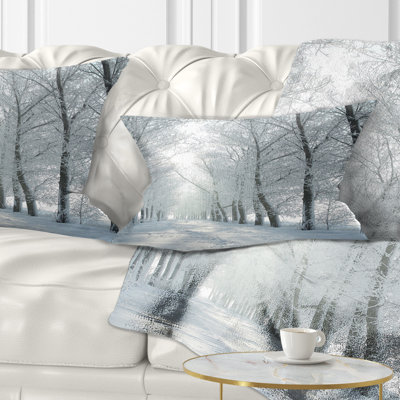 Forest Winter Country Lane on Frosty Morning Lumbar Pillow