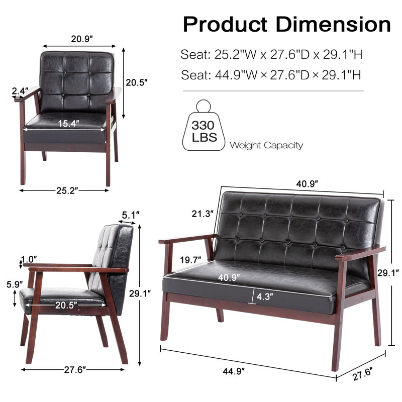 Ensemble de causeuse et de fauteuil d'appoint à accoudoirs capitonnés en bois 2 pièces Judeth, Similicuir noir