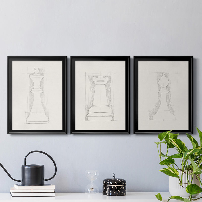 «Chess Set S Croquis II», reproduction encadrée de qualité supérieure - prête à être accrochée, Noir