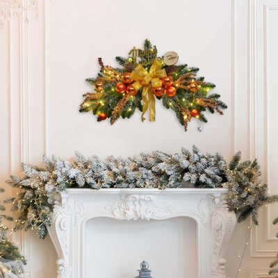 27.56" Artificial Teardrop Swag Christmas Swag Wreaths Garland Winter Pine Needles Decoration with Lights, Pine Cone Berry Christmas Ball Swag Christmas Decorations for Xmas Front Door