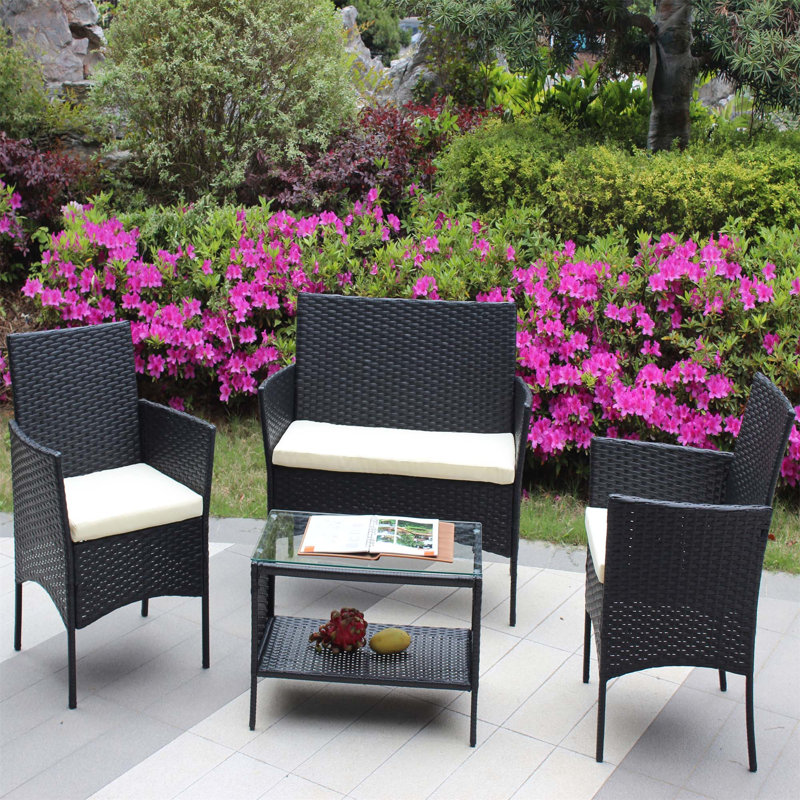 4 PC Rattan Patio Furniture Set Outdoor Patio Cushioned Seat Wicker Sofa (Beige Cushion), Beige