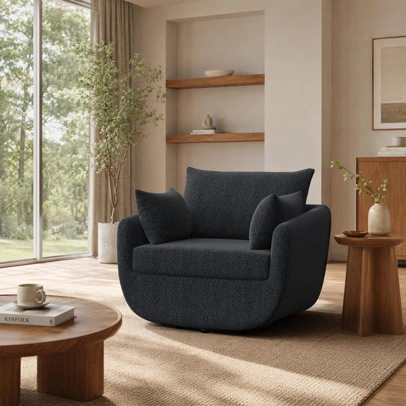 Boucle Swivel Armchairs Set Of 2, Modern Deep Seating Lounge Chairs With Accent Pillows, Camel