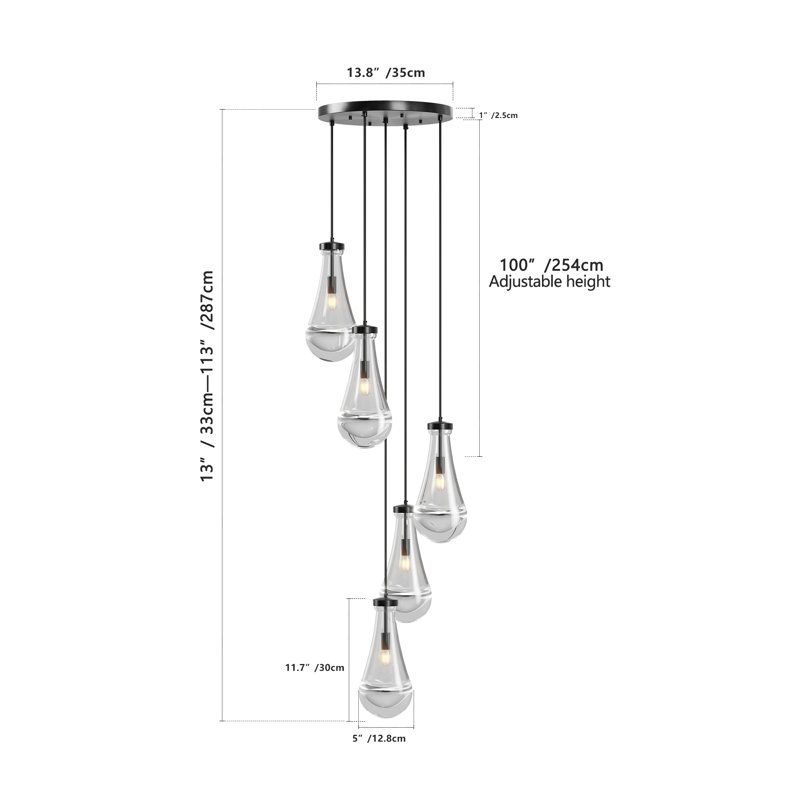 Luminaire suspendu en forme de goutte de pluie 5 lumières, hauteur réglable, noir, E12, ampoule non incluse, 5 lumières, Noir