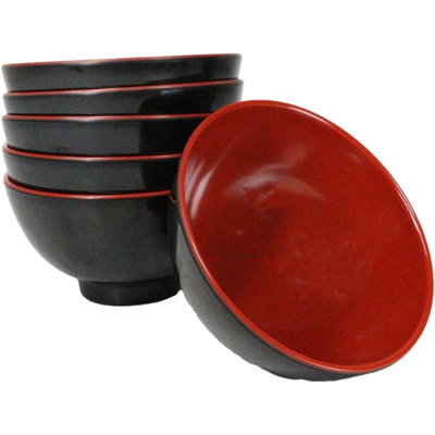 Set Of 6 Red And Black Round Appetizer Soup Salad Rice Melamine Bowls 4.5"D