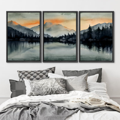 Mountain " Sunset Mountain Reflections Nature Wilderness Illustrations Modern Decor Calm Relax Cozy Bedroom " 3 - Pieces
