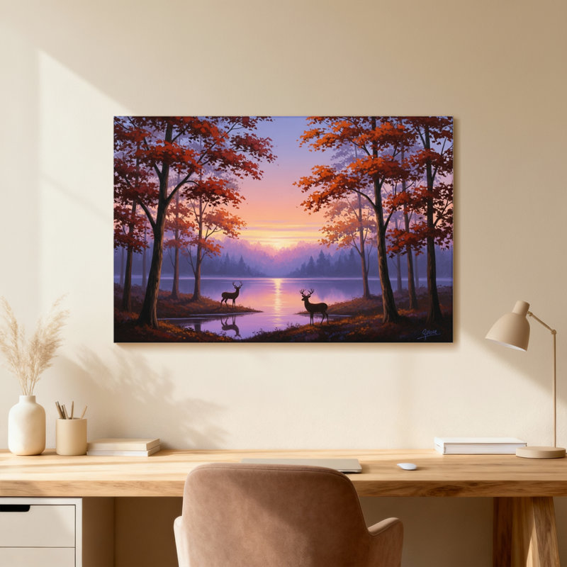 Plantes et fleurs, arbres d'automne, lac Deer, coucher de soleil, ciel, forêt, H 16 po x l 24 po, Toile tendue
