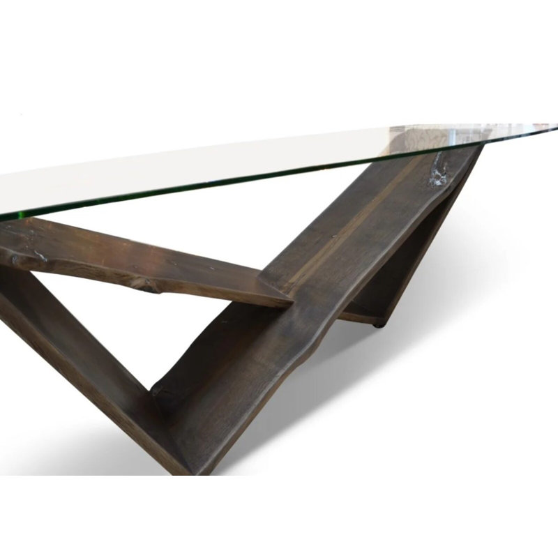 Crattic Glass Top Solid Wood Base Dining Table