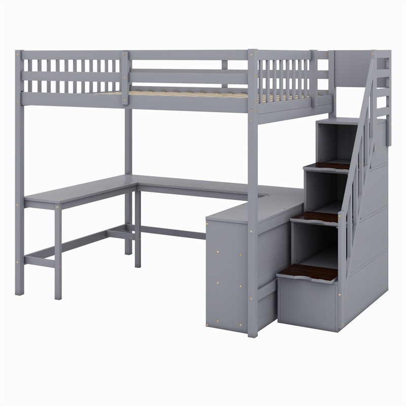 Loft Bed With Built-In L-Shaped Desk,Storage Shelves And Attached Storage Staircase, Gray