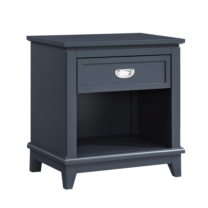 Table de chevet classique bleu marine avec tiroir de rangement et dessous, sans assemblage pour une utilisation dans la chambre à coucher de style, une poignée en nickel poli