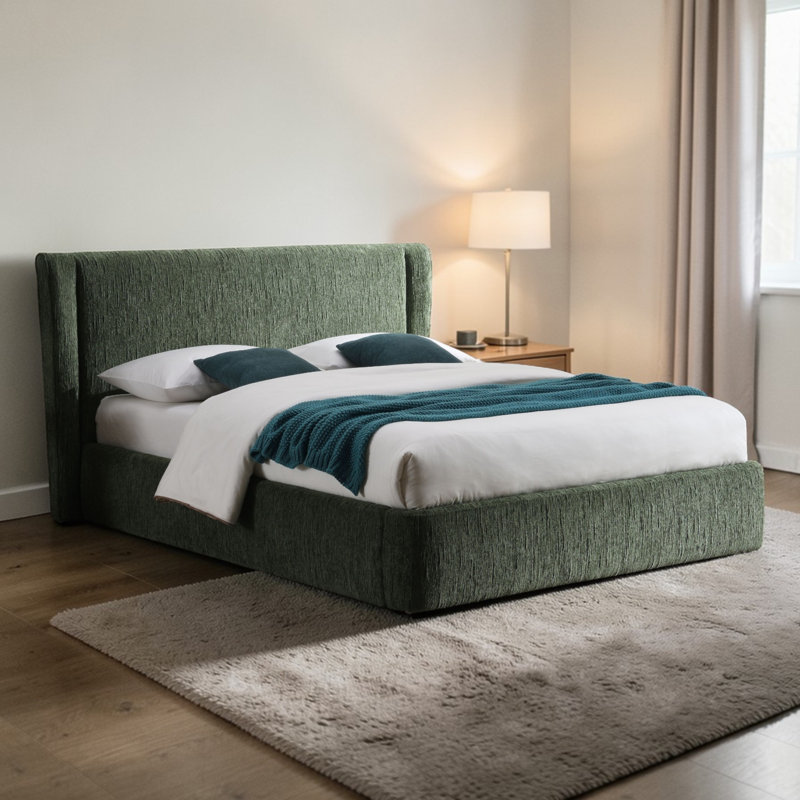 Grand lit en chenille vert foncé Cheryl, Queen