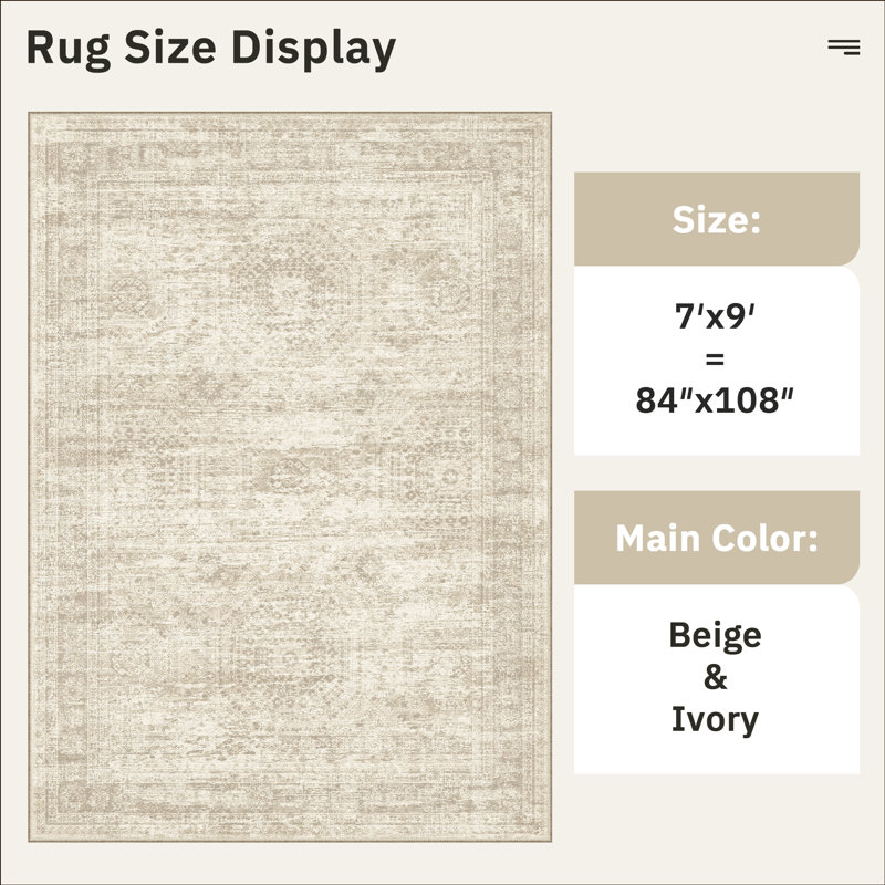 Tapis persan lavable délavé, Beige, Rectangle 7 pi x 9 pi