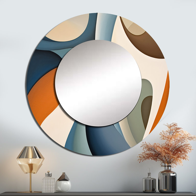 Visions symétriques bleues et orange - miroir décoratif de formes abstraites, grand miroir mural rond moderne, impression d'art en métal