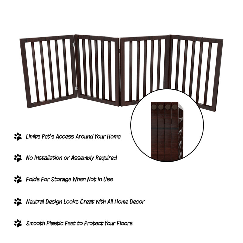 Brown 4-Panel Freestanding Retractable Pet Gate with Metal Hinges