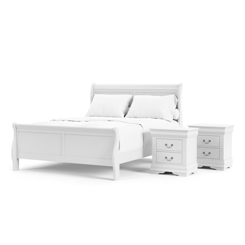 Ensemble de chambre à coucher Emelinda, Blanc, Grand, Trois pièces : lit, 2 tables de chevet