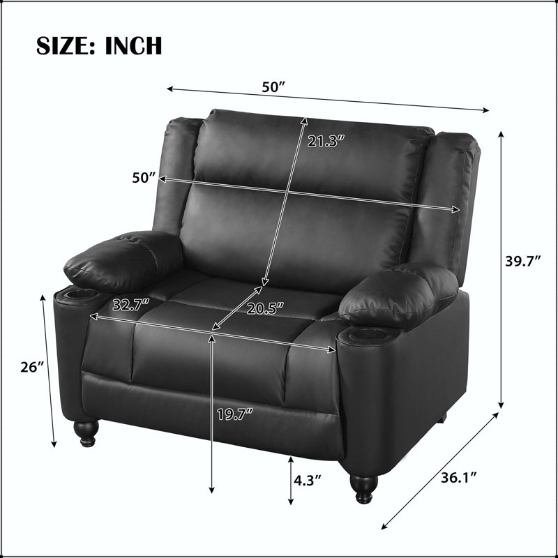 Fauteuil inclinable manuel surdimensionné avec porte-gobelets, dossier réglable et pieds tournés en bois, Similicuir noir