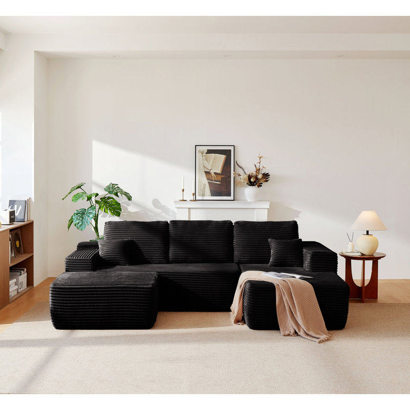 Canapé modulaire avec poches latérales, siège profond pour le salon ou la chambre à coucher, Noir