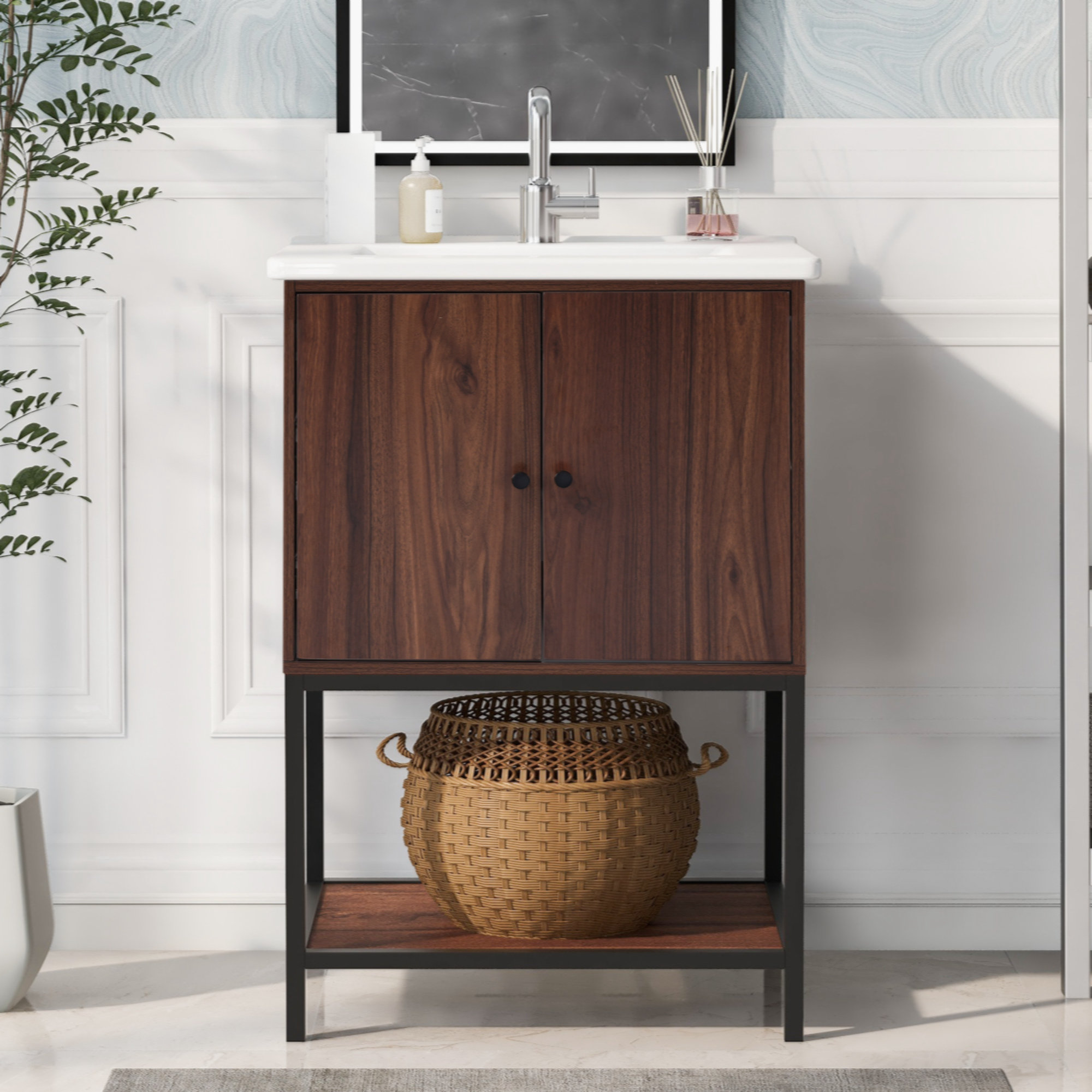 Myhomekeepers [Viedo]24" Inch Walnut Finish Bathroom Vanity Cabinet ...