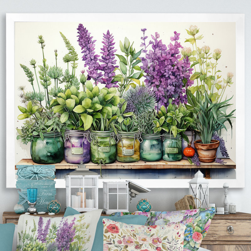 Décoration murale Herbes mauves, herbes vertes et herbes, H 30 po x l 40 po x P 1,5 po, Cadre simple blanc