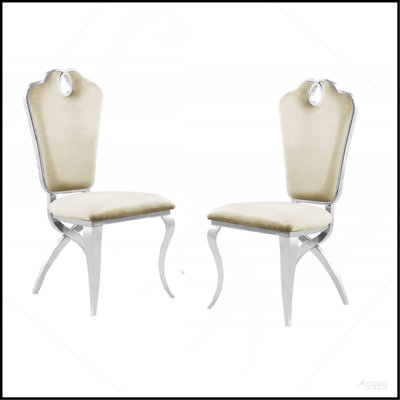Ensemble de 2 chaises de salle à manger en velours crème avec structure en métal argenté