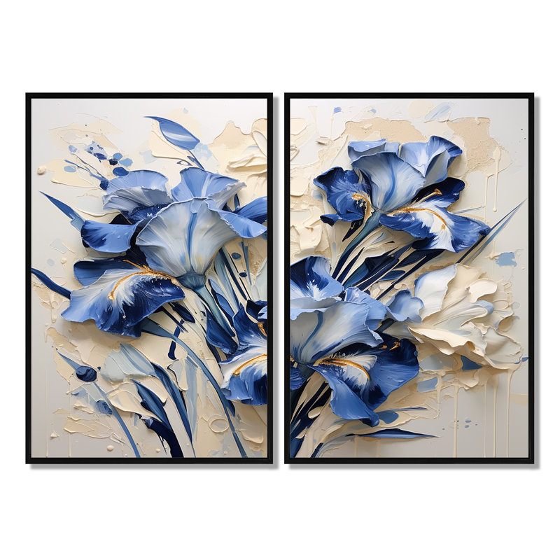 «Blue and White Garden of Irises II», art mural sur toile Iris, 36" H x 48" W, Impression encadrée flottante, Black
