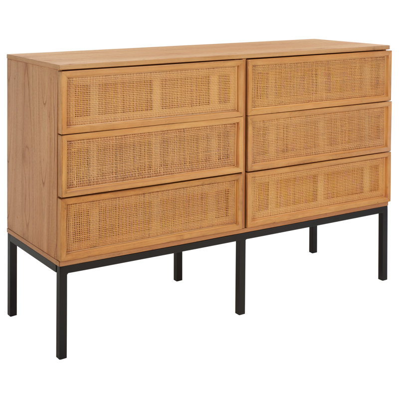 Prudhoe 54'' W 6 - Drawer Dresser, Black/Natural With Natural Rattan