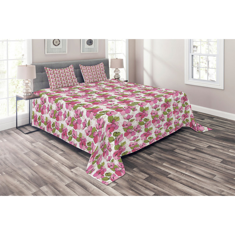 Farmhouse / Country Polyester Floral Coverlet, King Bedspread + 2 Shams, Pink/Green Floral