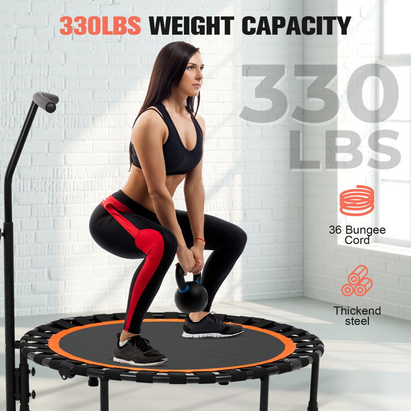 Mini trampoline pliable de 50 po pour adultes, trampoline de rebond à l'élastique intérieur / extérieur de 330 lb avec poignée en mousse réglable en forme de T, équipement d'exercice stable et silencieux pour la gymnastique à domicile