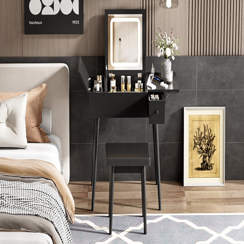 Table de commode en bois noir avec miroir à bascule et bureau à DEL avec station de charge
