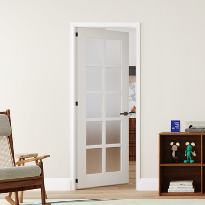 Porte intérieure française pré-montée en verre givré de style moderne à 10 panneaux, cadre réglable, bois massif et bois manufacturé blanc avec cadre et poignée