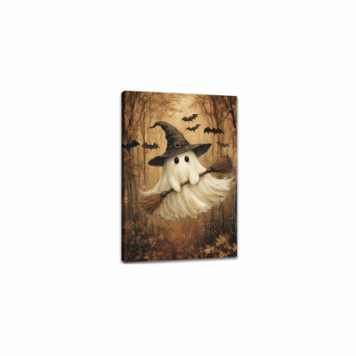 Witch Hat Ghost Cabin Halloween Poster,Cute Floating Spirit With Bats Broomstick Autumn Forest Picture Canvas Art,Halloween Spooky Gothic Dark Academia Wall Decoration,16"X24" Framed
