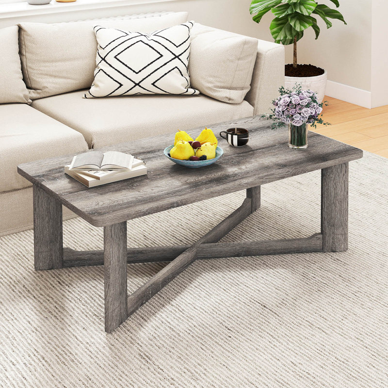  Table basse Table basse en bois d'hévéa massif avec base en forme de X pour le salon