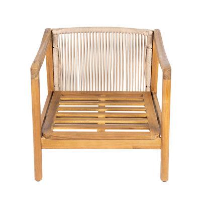 Fauteuil club d'extérieur, structure en bois d'acacia avec dossier en corde, coussins beiges hydrofuges pour patio / cour / terrasse (ensemble de 2)