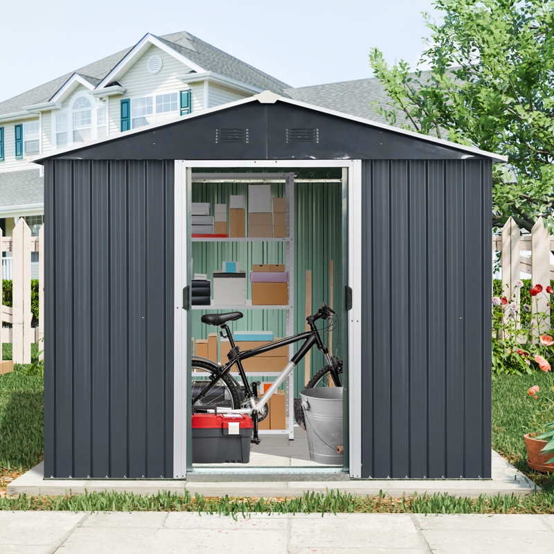 8x4 Metal Outdoor Storage Shed With Window Black - White