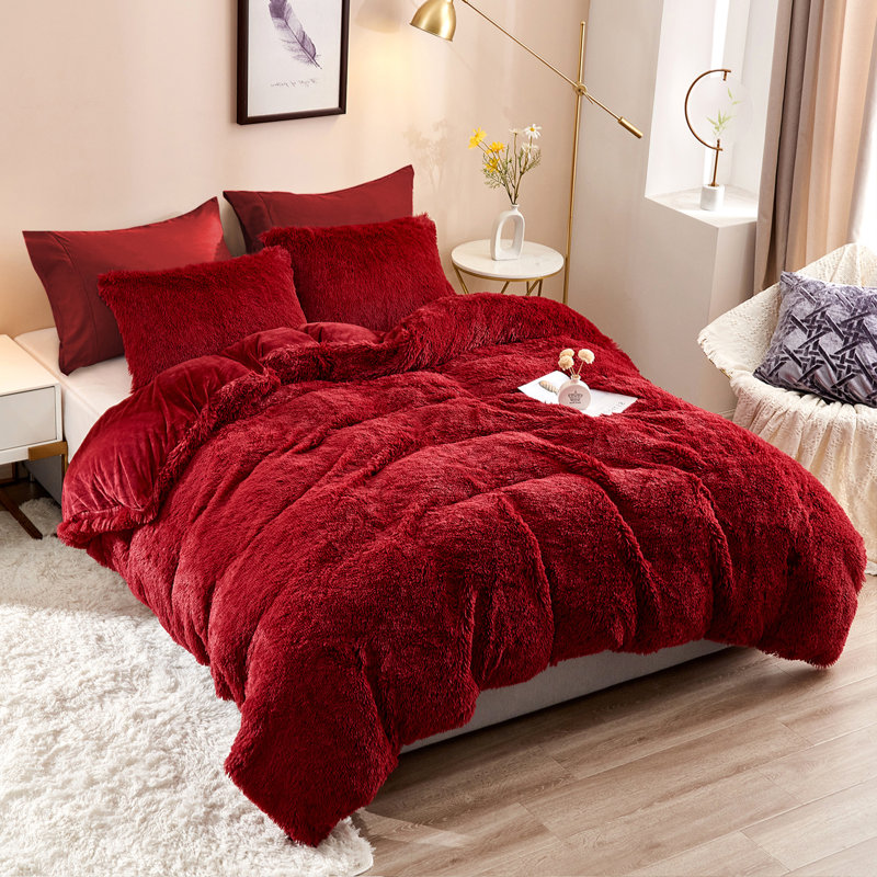 FFDC1217 Plush Shaggy Duvet Cover Set, Burgundy, Twin Duvet Cover + 2 Additional Pieces